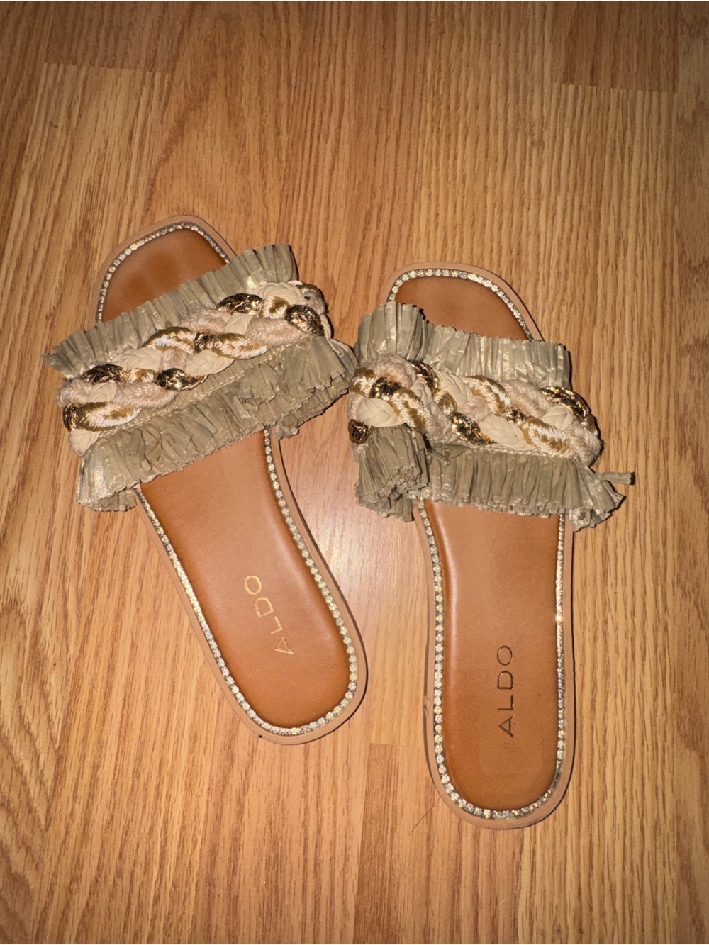 ALDO Tan and Gold Braided Fringe Slide Sandals
